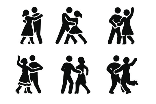 Dance Styles Icons. Solid, filled icon set of dance styles: waltz, tango, foxtrot, salsa, cha-cha, rumba, quickstep, swing. Solid,
