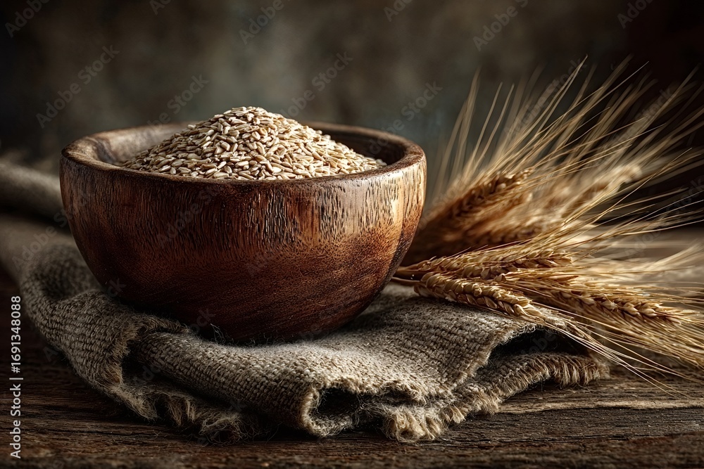 Poster wooden bowl is overflowing with wheat berries, accompanied by wheat stalks, all resting on a rustic 