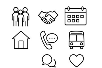 Community Support Icons. Outline icon set of community support for elderly: group of people, handshake,