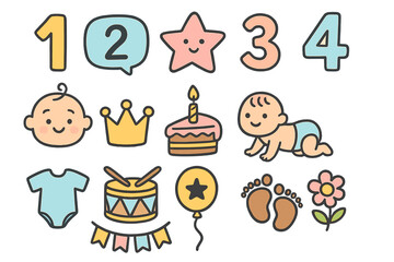 Cute baby birthday milestone icon set. Vector cartoon illustration collection for party invitation or baby shower. Includes numbers, cake, balloon, and newborn elements.