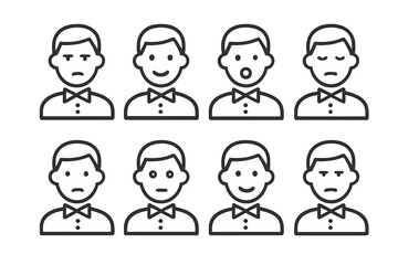 Fototapeta premium Dealer Emotion Icons. Outline icon set of dealer emotions: focus, smile, surprise, concentration, calm, alert, friendly, serious.