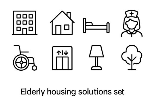 Elderly Housing Icons. Outline icon set of elderly housing solutions: apartment, house, bed, nurse, wheelchair