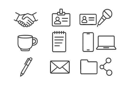 Networking Icon Set. Outline icon set of networking event: handshake, name badge, business card, microphone,