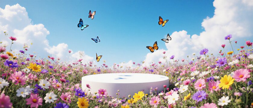 empty white podium amidst colorful flowers and butterflies on a serene meadow under bright sunlight | product display, photography backdrop, celebration venue, advertising background, spring event the