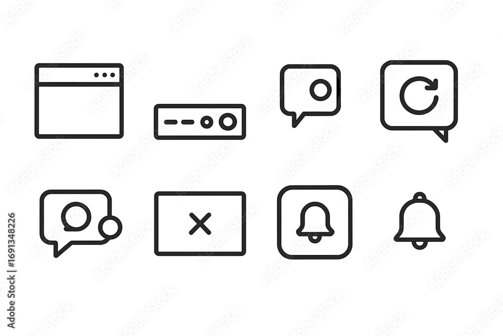Poster desktop notification icons. outline icon set of desktop notifications: popup window, taskbar alert, 