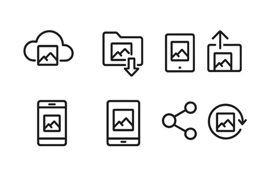 Digital Album Icon Set. Outline icon set of digital albums: cloud storage, folder, download arrow, upload arrow, smartphone,
