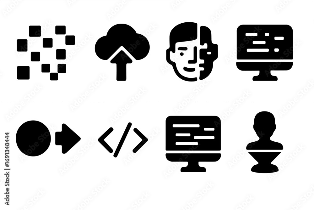 Poster digital transformation icons. solid, filled icon set of digital transformations: pixelation, data up