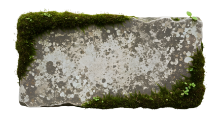 A weathered rectangular stone with moss growing on its edges, isolated on a transparent background