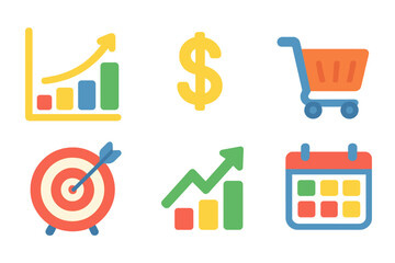 Fototapeta premium Colorful Sales Icons. Flat vector mini-illustrations Sales report charts in colors children's illustrations: stacked bar, profit