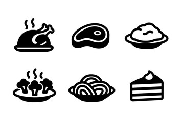 Dinner Food Icons. Solid, filled icon set of dinner foods: roasted chicken, steak, fish fillet, mashed potatoes, steamed