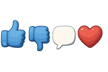3D social media icons set for user interface design. Like and dislike thumbs up and down, comment speech bubble, and heart emoji for feedback, rating, and engagement.