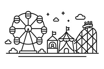 Amusement park outline vector icon set. Funfair carnival with ferris wheel, roller coaster and circus tent. Linear theme park landscape for entertainment and fun.