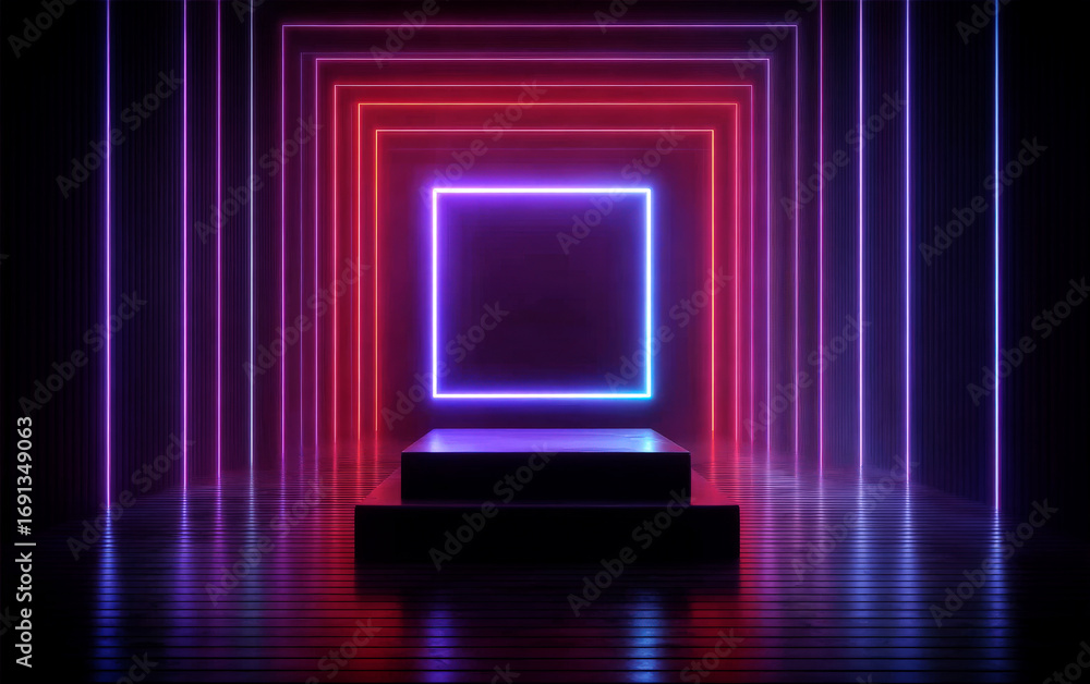 Poster neon-lit geometric square frames and empty platform for modern display