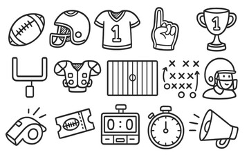 Doodle icons of American football elements. Hand drawn vector line art graphic collection for sports enthusiasts. Game day symbols: helmet, ball, field, trophy, jersey.