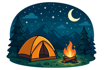 Camping night in mountains with tent and campfire. Outdoor adventure under starry sky with moon. Vector cartoon illustration for travel, tourism, hiking and nature concepts.