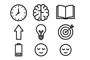 Fototapeta premium Sustained Focus Icons. Outline icon set of sustained focus: clock, brain, book, arrow, light bulb, target,
