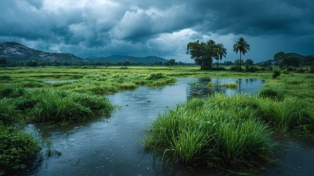 Lush green rice paddy fields are partially submerged in water, reflecting the dramatic, stormy clouds overhead in a serene yet powerful rural landscape