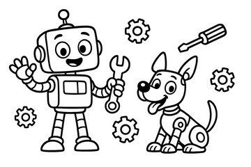Robot and dog friendship. Cute mechanic android with cyborg pet holding a wrench. Vector outline illustration for a coloring book page. Technology, STEM, engineering concept.