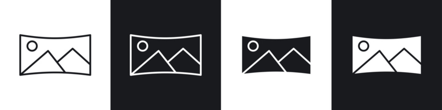 Panoramic icons collection in black and white filled and line versions