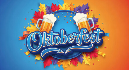 Oktoberfest celebration graphic featuring beer steins and autumn leaves. Perfect for banners, invitations, and social media
