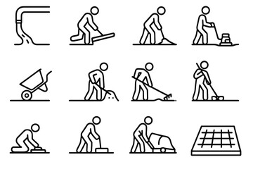 Concrete Pouring Icons. Outline icon set of concrete pouring activities: concrete hose pouring, leveling with screed, vibrating