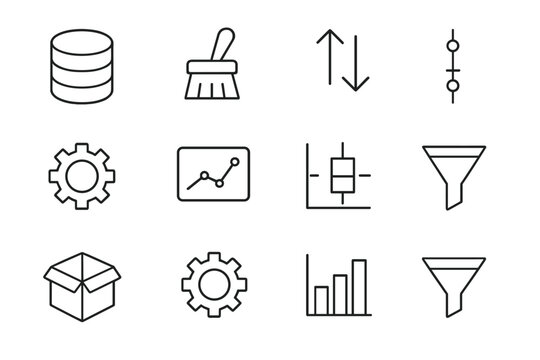Data Preprocessing Icons. Outline icon set of data preprocessing: dataset, cleaning brush, arrows, feature