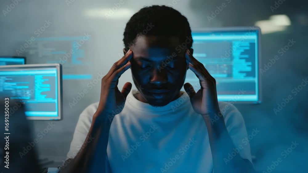Aufkleber a man is sitting in front of a computer with his head in his hands. he is looking at the computer sc