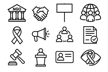 Consumer Advocacy Icons. Outline icon set of consumer advocacy organizations: NGO building, handshake, protest sign, globe with