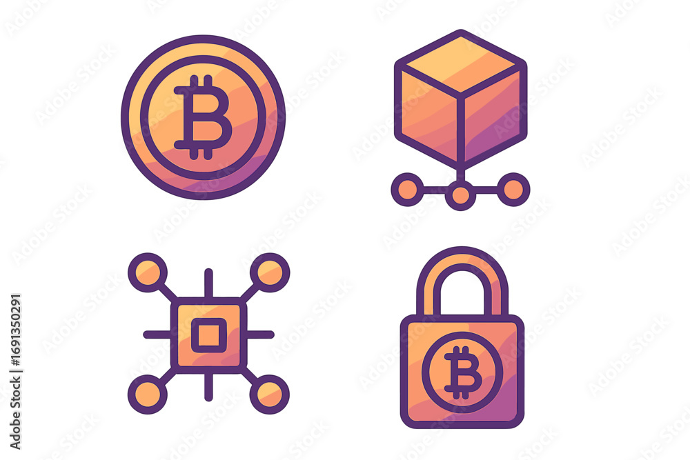 Poster cryptocurrency gradient icons. bitcoin coin. blockchain technology symbol. decentralized network nod