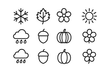 Seasonal Icons Grid. Outline icon set of seasonal natural aesthetics: snowflake, autumn leaf, spring flower,