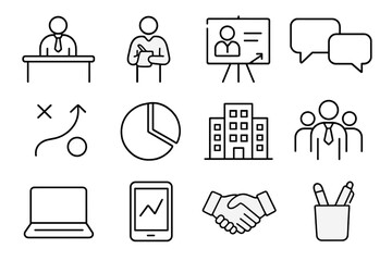 Corporate Mentorship Icons. Outline icon set of Corporate mentorship program: mentor at desk, mentee with notebook, presentation
