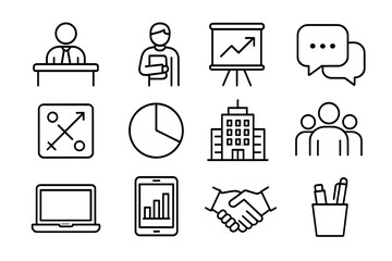 Corporate Mentorship Icons. Outline icon set of Corporate mentorship program: mentor at desk, mentee with notebook, presentation