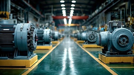 Fototapeta premium Rows of new electric motors standing on pallets in a modern industrial factory. Waiting for shipping and installation. The organized space reflects efficiency and advanced technology in manufacturing