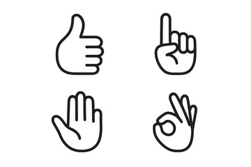 Set of minimalist hand gesture icons. Thumbs up for like, pointing finger, stop sign, and OK symbol for perfect. Communication and sign language concept in line art style.