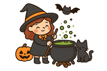 Cute little witch brewing magic potion in cauldron. Halloween cartoon character with black cat, pumpkin, and bat. Kawaii vector illustration for kids party or spooky holiday.