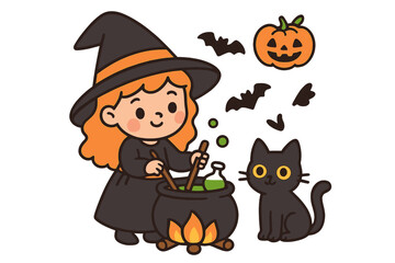 Cute witch brewing magic potion in cauldron. Halloween vector cartoon illustration with little girl sorceress, black cat, jack o'lantern pumpkin, and bats. Spooky kid character.