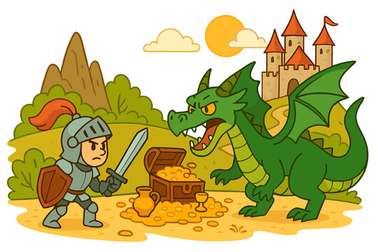 Fototapeta Knight fights dragon for treasure. Fantasy battle scene concept. Brave hero with sword versus monster. Medieval fairytale cartoon vector. Castle landscape with gold chest.