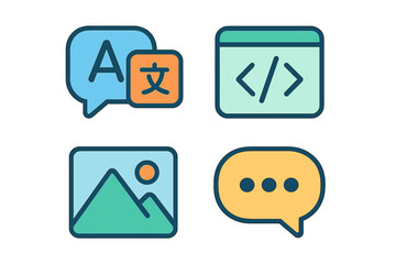 Modern flat icons set for language, code, media, and communication. Vector cartoon illustration collection. Language translation, web development, image gallery and chat symbols.