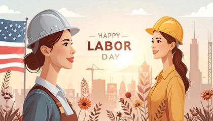 Two women in hard hats, celebrating Labor Day