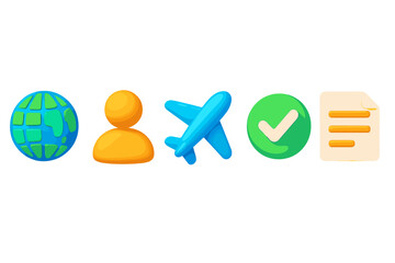 3d icon set with globe, user profile, airplane, checkmark, document. Vector cartoon illustration for web design, ui, ux. Global travel, booking, and user verification concept.
