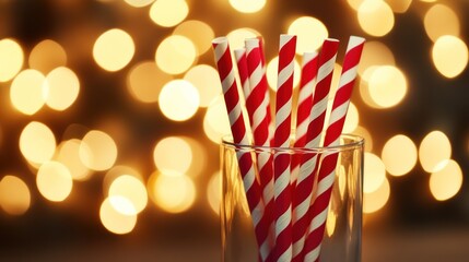 Red and white striped paper straws in a glass
