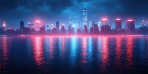 Neon Cityscape Reflecting In Calm Water At Night