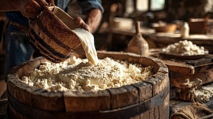 Cheesemaker pouring whey into a wooden barrel, crafting homemade cheese from organic milk in an old traditional dairy, showcasing the artistry of rural dairy production