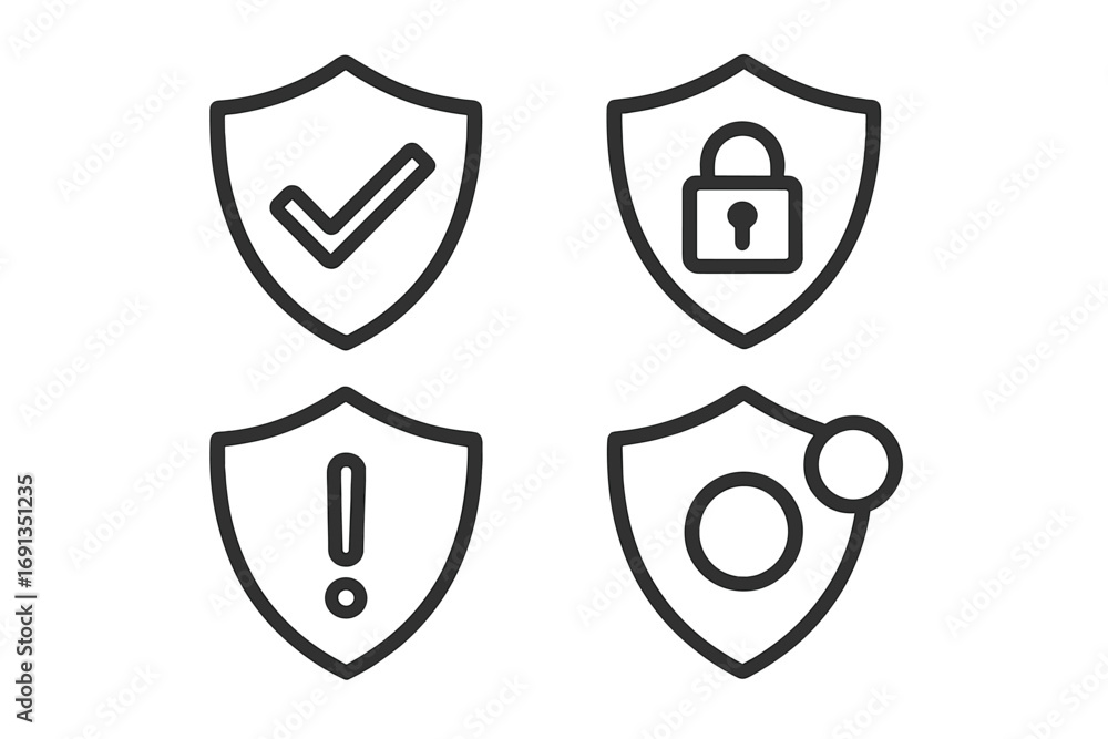 Fototapete security shield icon set. vector linear symbols for protection, alert, notification. checkmark, lock