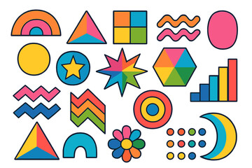 Collection of colorful abstract geometric shapes. Modern trendy retro 80s 90s style vector design elements. Vibrant basic figures, stickers, and icons for graphic projects.