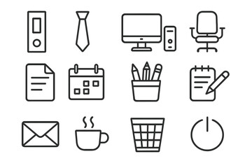 Modern Office Line Icon Set for Design, Web, Apps, Cards – Linear Vector Illustrations of Push Button, Tie, Workspace, Calendar, Chair, Cup, and More