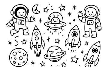 Space adventure doodle set with cute astronaut, rocket, planet, and fun UFO. Vector cartoon illustration collection for kids. Black and white line art icons for coloring.