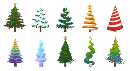 Collection of various stylized Christmas trees, each with unique designs and decorations, presented in a row.