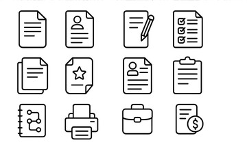 Modern paper and job line icon collection for design, websites, apps, cards, document and office work symbols, linear vector set, cartoon illustration, business and office essentials