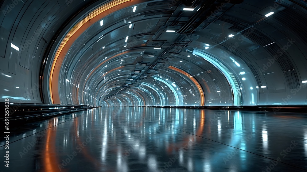 Poster Featuring an empty futuristic tunnel illuminated by vibrant blue and orange lights reflecting on a glossy floor, creating a mesmerizing and otherworldly atmosphere